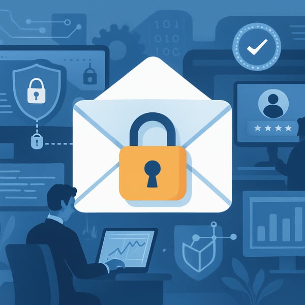 The illustration depicts robust security measures implemented in corporate email systems, showcasing advanced technology designed to protect sensitive information from cyber threats. It features visual elements that highlight encryption methods, secure access protocols, and real-time monitoring systems, emphasizing the importance of safeguarding communications in a business environment.