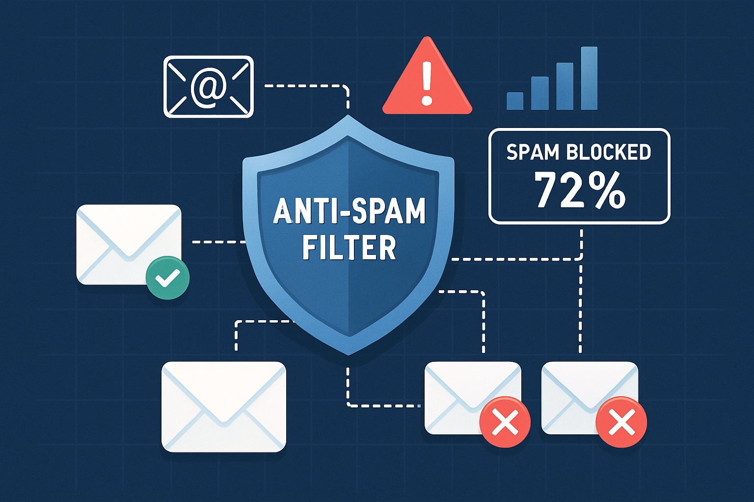 The description refers to a visual depiction of an anti-spam filter actively functioning. This graphic likely illustrates how the filter detects and blocks unwanted spam messages in real-time, showcasing its mechanisms, such as analyzing incoming emails, identifying suspicious patterns, and categorizing messages as safe or harmful. It may also include elements like alerts or statistics to highlight the effectiveness of the filter in maintaining a clean inbox.
